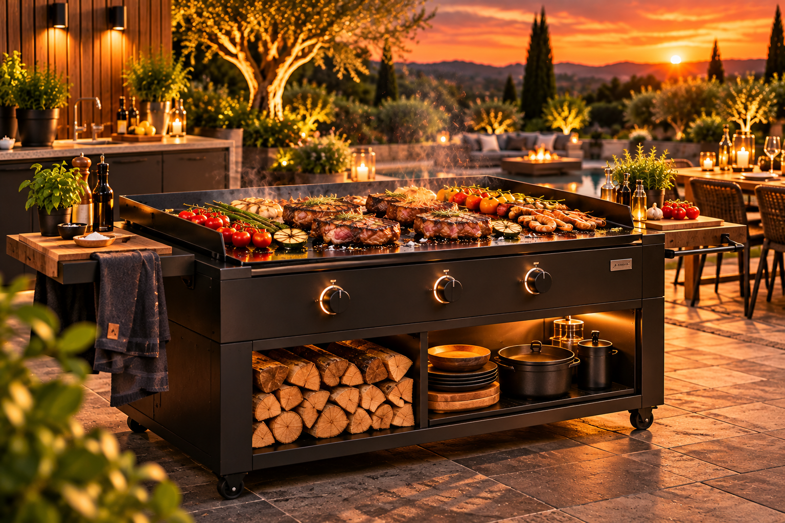 Luxe buitenkeuken bij zonsondergang